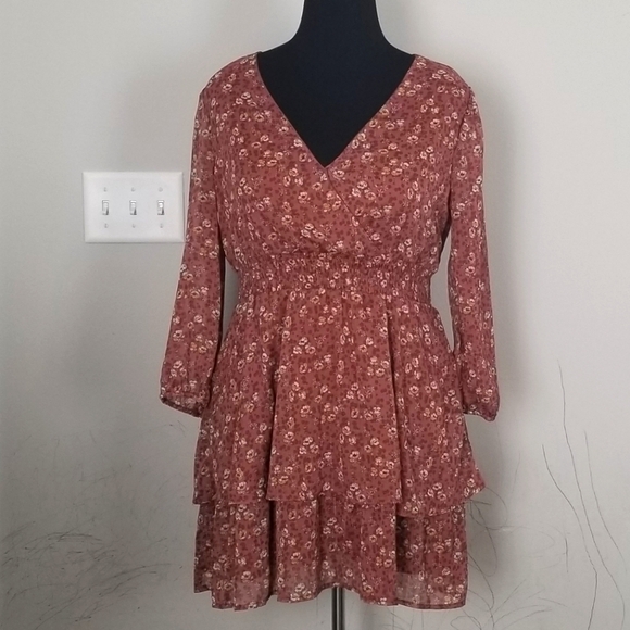 Mimi Chica Floral Long Sleeve Ruffle Dress - Rust Size Large - Picture 1 of 14